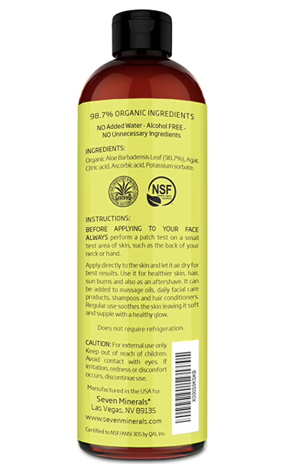 Seven Minerals Organic Aloe Vera Gel from freshly cut 100% Pure Aloe - Big 12oz